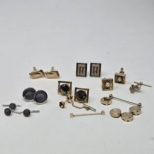 VINTAGE MENSWEAR ACCESSORY BUNDLE LOT OF 16 CUFFLINKS COLLAR BAR TIE PIN JEWELRY